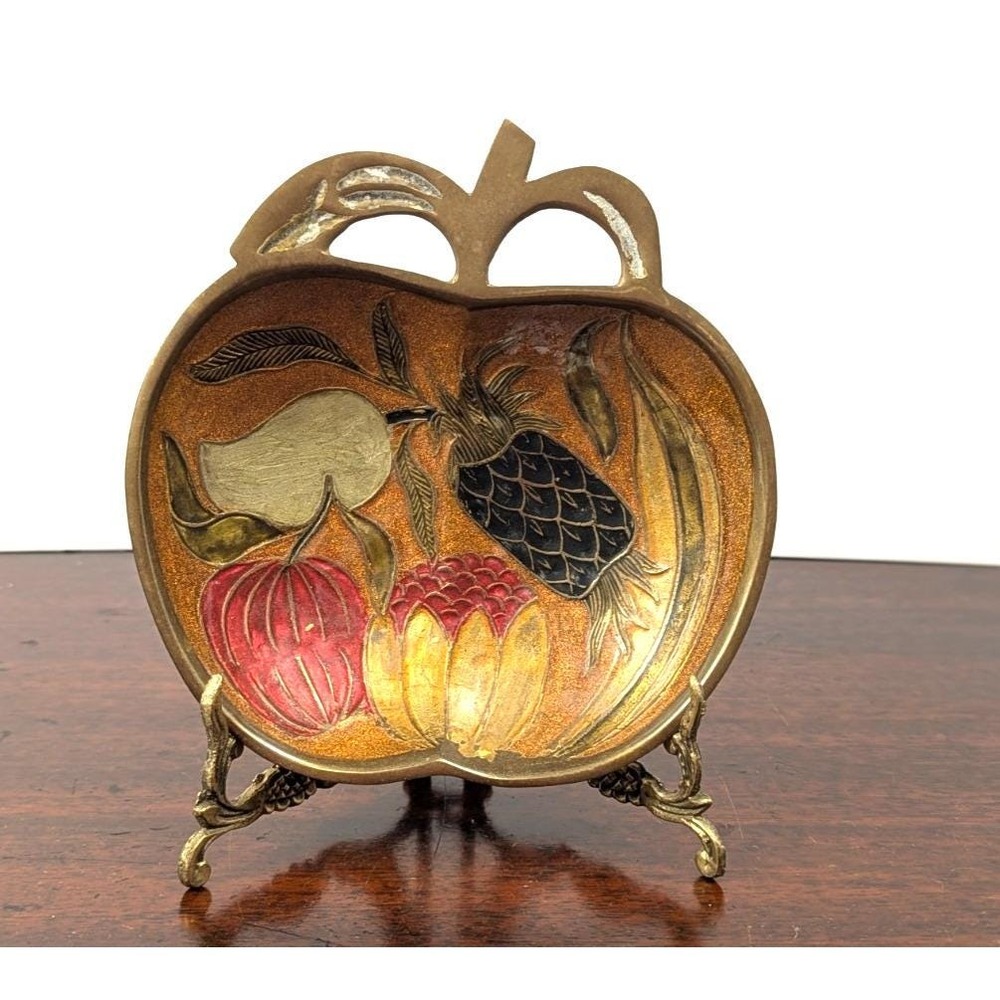 Vintage Enameled Brass Apple Shaped Trinket Dish Fruit Motif Gold Tone 6in
